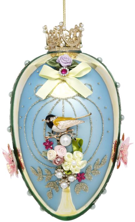 Faberge Jewel Egg Ornament, Blue Green, Bird - 7 Inches
