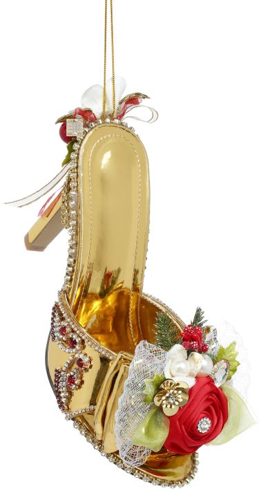 Gold Shoe, Silp-On With Flower Ornament 9''