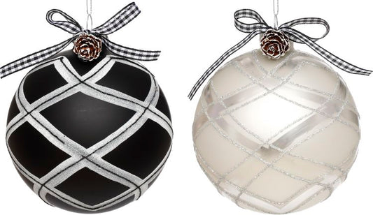 Blk & Wht Plaid Orn 4'', (Set of 6)