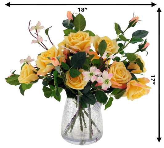 Roses in Crackle Vase - 17 Inches (Yellow)