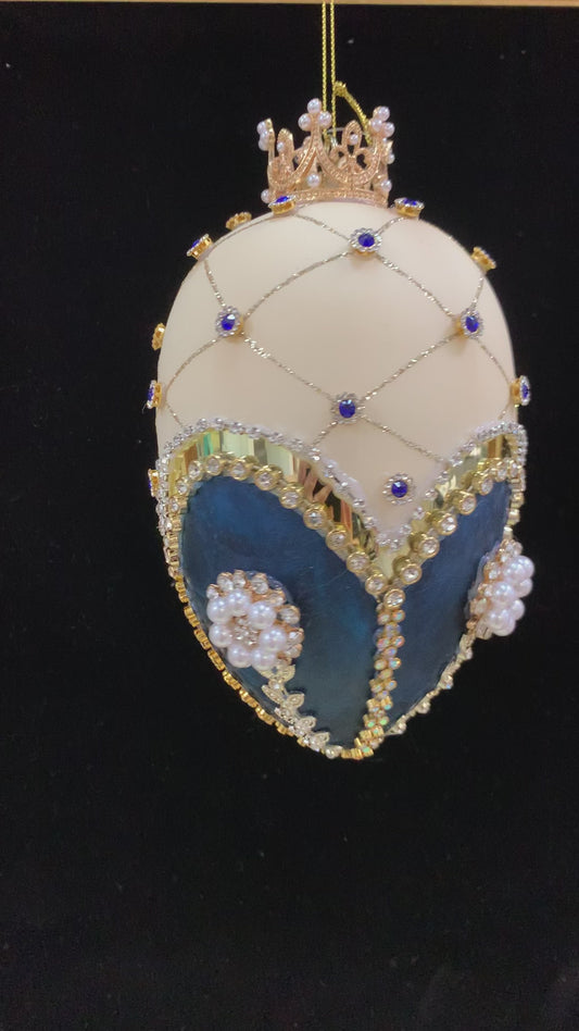 Faberge Jewel Egg Orn, Blue/Ivory