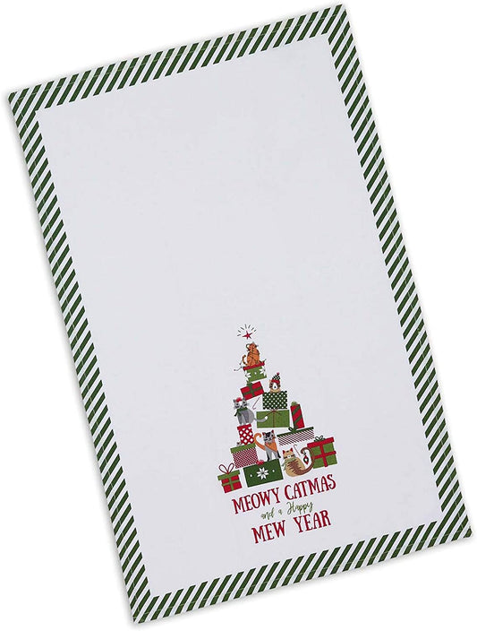 Festive Green "Meowy Christmas" Embellished 28 x 19 Cotton Decorative Dish Towel