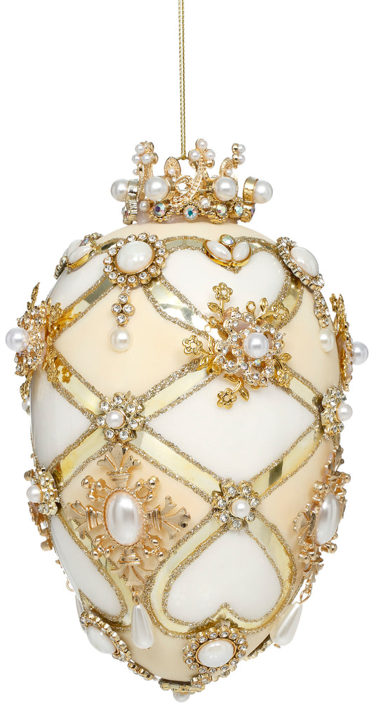 Faberge Jewel Egg Ornament ,White/Cream- 7 Inches