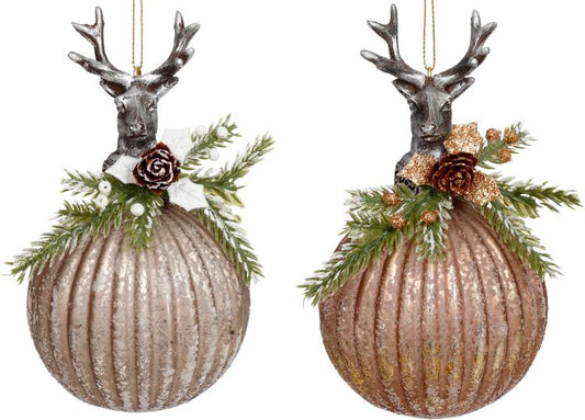 Deer topped Ball Ornament 5.5'', (Set of 6)