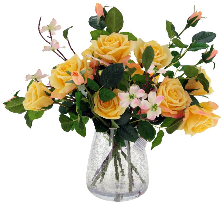 Roses in Crackle Vase - 17 Inches (Yellow)