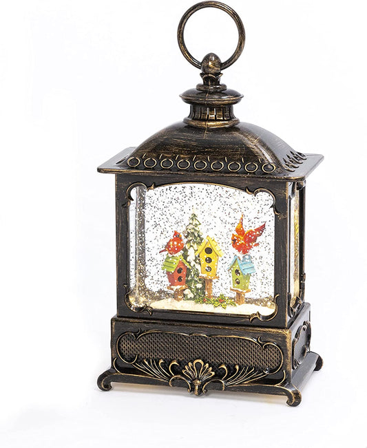 10"H B/O Lighted Spinning Water Globe Lantern w/ Cardinals on Birdhouse Design.
