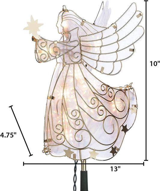 11 Inch Tall Stained Glass Look Gold Metal Lighted Angel Tree Topper