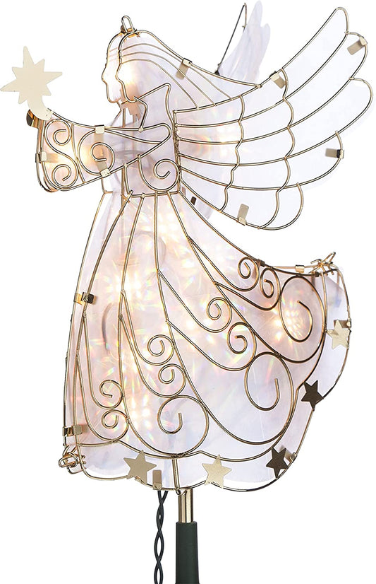 11 Inch Tall Stained Glass Look Gold Metal Lighted Angel Tree Topper