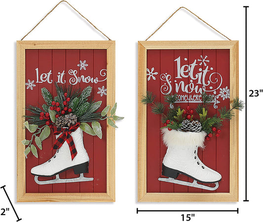 23"H Wood Holiday Wall Sign w/ Skate & Floral Accents, Set of 2