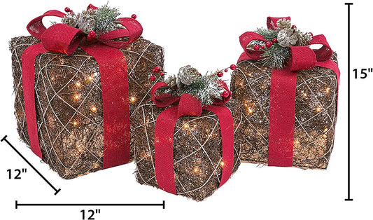 Electric Lighted Natural Vine Gift Boxes with Burlap Ribbon