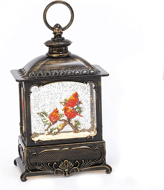 10"H B/O Lighted Spinning Water Globe Lantern w/ Cardinals on a Branch Design