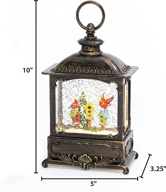 10"H B/O Lighted Spinning Water Globe Lantern w/ Cardinals on Birdhouse Design.