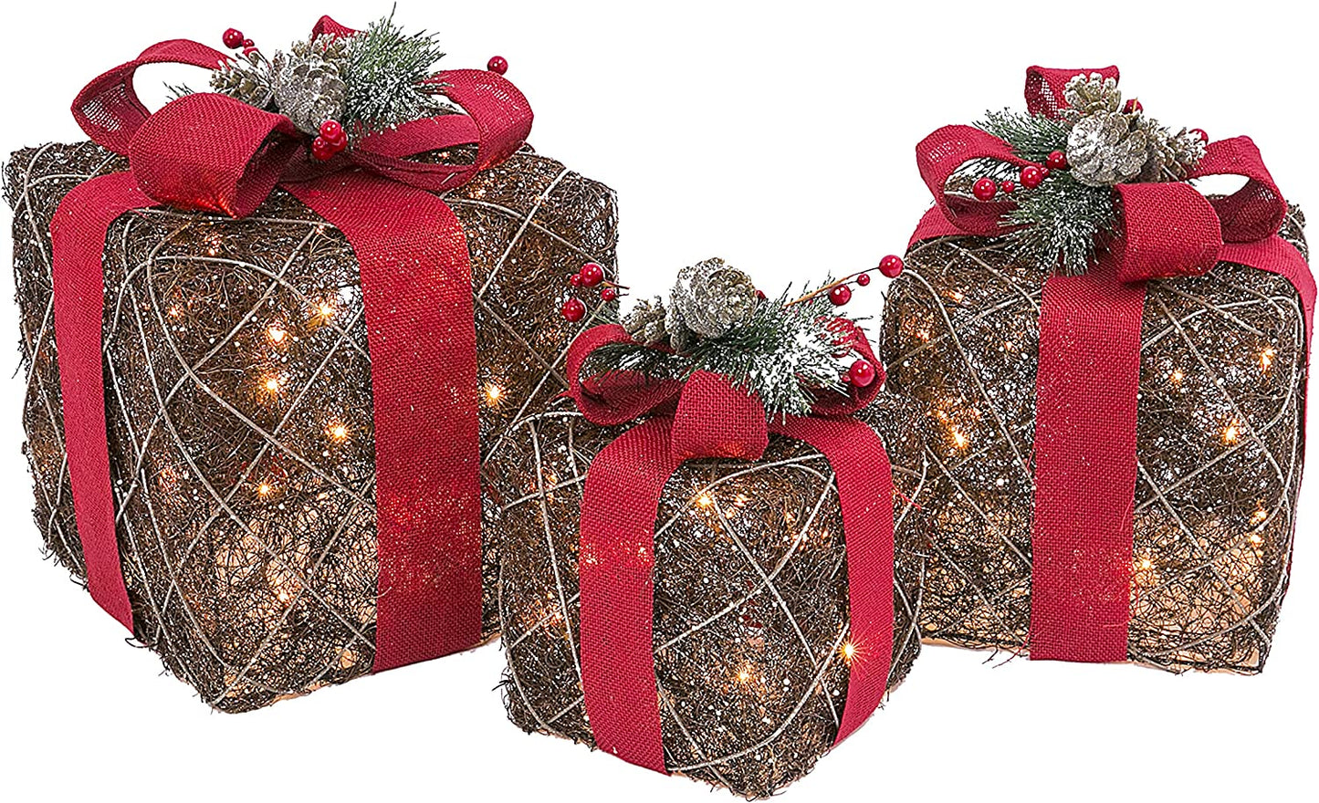 Electric Lighted Natural Vine Gift Boxes with Burlap Ribbon