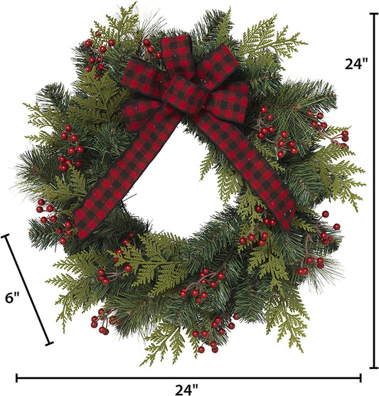 24" PVC Pine Wreath w/ Berries and Bow.