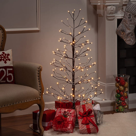 4-Foot Brown Wrapped, Snowy Tree with LED Lighting