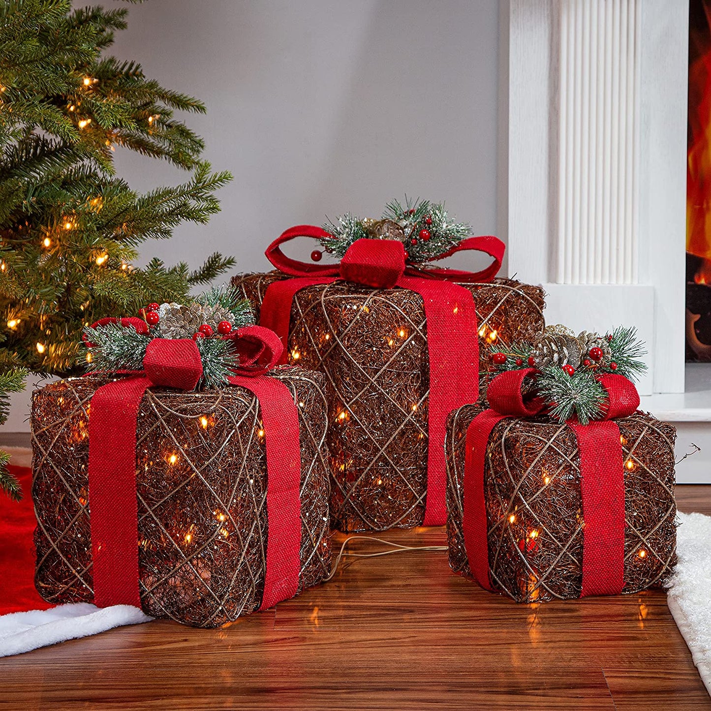 Electric Lighted Natural Vine Gift Boxes with Burlap Ribbon