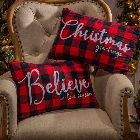 Set of 2 White Embroidered Buffalo Plaid Fabric Holiday Design Pillows