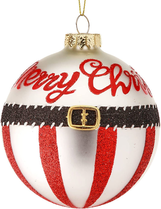 Merry Christmas Stripe Ball Hanging Ornament, 4" Diameter, Red, White and Black