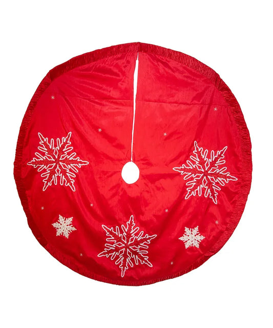 Tree skirt, 60" Red Snowflake Embroidered and Pleated Tree Skirt